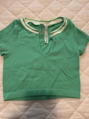 Ribbed Mint Green Crop Top with Stripe Trim